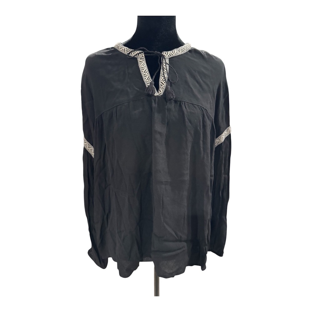 Madewell Black Embroidered Tassel Peasant‎ Blouse Long Sleeve Top Large L